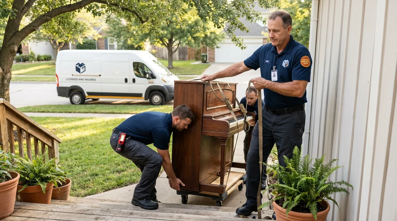 Licensed piano movers securing grand piano in Perry, NY