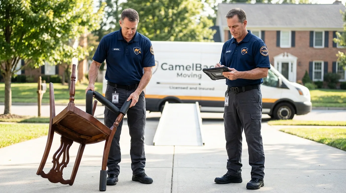 Movers inspecting furniture for damage prevention before loading in Perry, NY