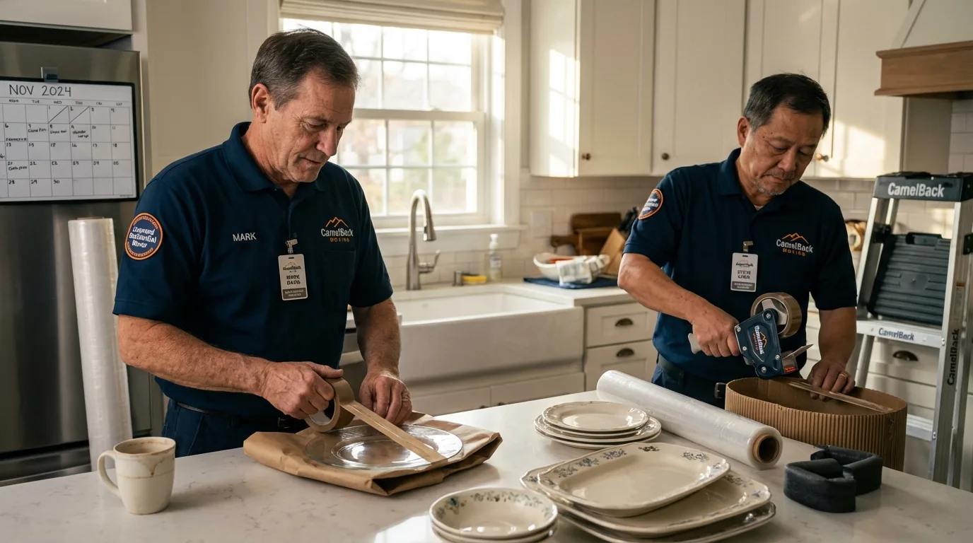 Professional crew packing kitchen dishware in Perry, NY
